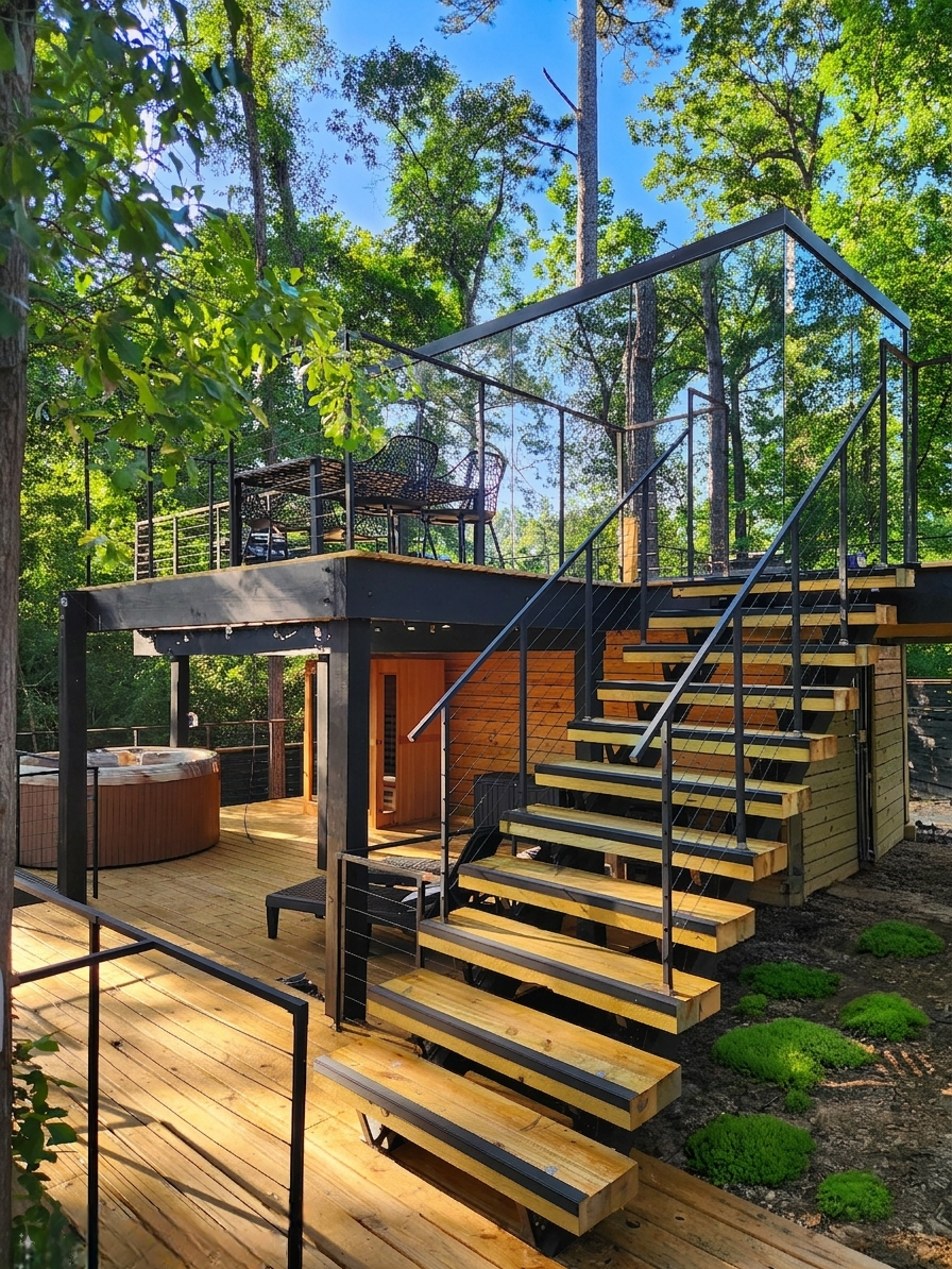 The compound's multi-level deck with floating staircase, hot tub, sauna, and rooftop lounge surrounded by pines